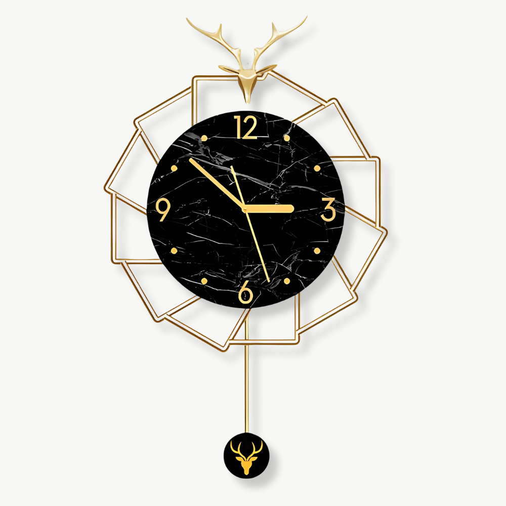 Luxus Wanduhr Goldener Hirsch und Schwarzer Marmor