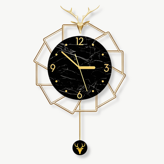 Luxus Wanduhr Goldener Hirsch und Schwarzer Marmor