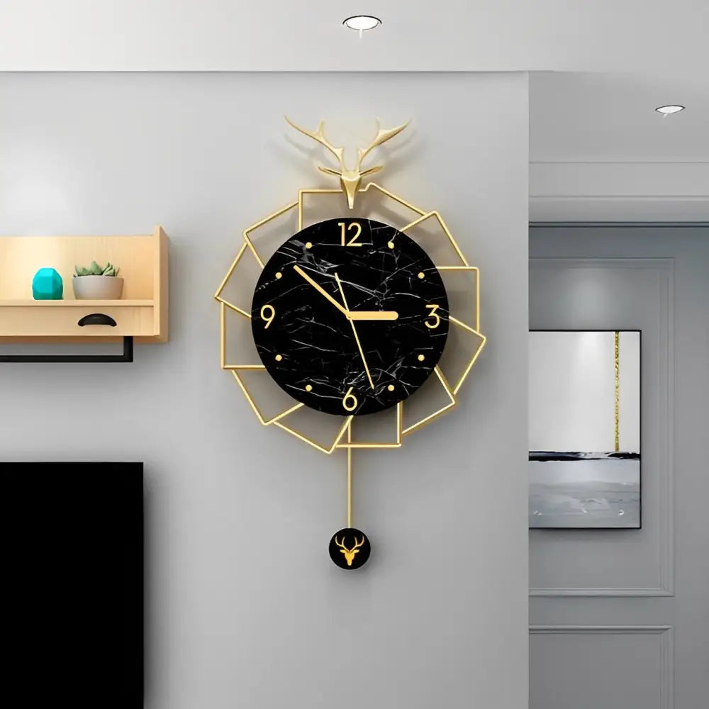Luxus Wanduhr Goldener Hirsch und Schwarzer Marmor