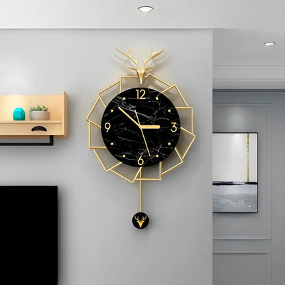 Luxus Wanduhr Goldener Hirsch und Schwarzer Marmor