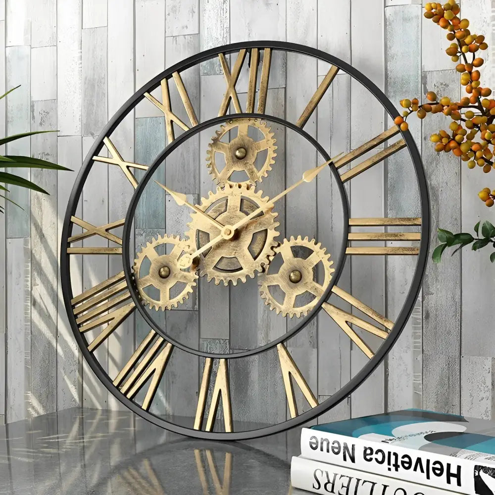 Wanduhr Goldene Zahnräder
